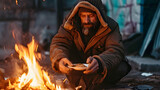 Fototapeta  - Homeless poor man eating on the street by the fire