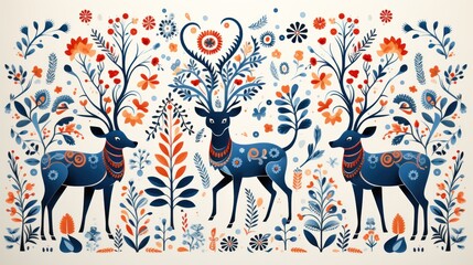 Wall Mural -  a couple of deer standing next to each other in front of a flower filled wall mounted on a white wall.