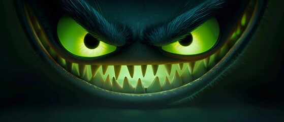 Wall Mural - glowing large green eyes, big grin with sharp white teeth, evil smile