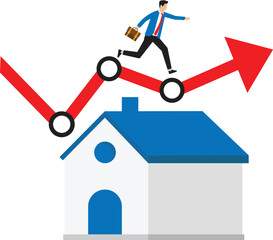 Sticker - rising housing prices and real estate or property growth, businessman walking on rising green graph on house roof.
