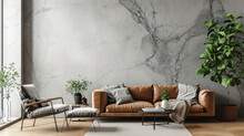 Scandinavian Farmhouse Living Room Interior, Wall Marble. Generative Ai