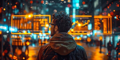 Aufkleber - Man in Contemplation Facing a Luminous Digital Interface Overlaying the Cityscape, Symbolizing the Intersection of Urban Life and Technology, Generative AI