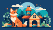 Stylized fox in a whimsical garden with lighthouse and cottages