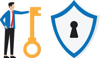account security and businessman holding key to access security system protecting user account data and password to login.
