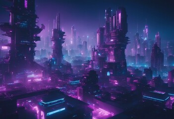 Wall Mural - Cyberpunk Metropolis with Purple and Cyan Neon lights Night scene with Futuristic Superstructures