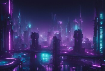 Wall Mural - Cyberpunk Metropolis with Purple and Cyan Neon lights Night scene with Futuristic Superstructures