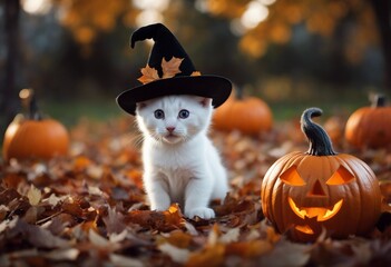 Wall Mural - Fluffy white kitten peeking out next to a pumpkin jack o lantern wearing witch hat in autumn day outdoor