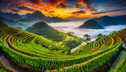 Fototapeta zielone pola ryżowe na tle gór we mgle, wietnam