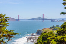 Panorama At Sunny Day With Famous Golden Gate Bridge. Golden Gate Bridge View From Lands End Trail Eagles Point, San Francisco.