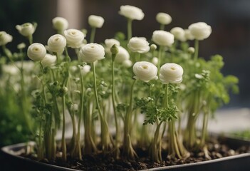Wall Mural - White ranunculus flower root-bound Plants grown in containers