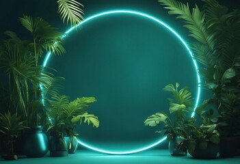 Wall Mural - Trendy Background Design Tropical Plants with Blue and Green Circle shaped Neon Frame 
