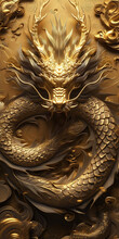 Chinese Dragon. 3D Golden Dragon Sculpture On Dark Background For Phone Wallpaper. Phone Wallpaper. 
