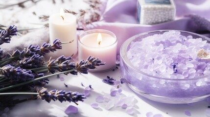   a bowl of sea salt next to a candle and some lavender flowers on a white surface with a purple cloth.