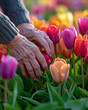 Hands of an senior woman close up gently and carefully touch the buds of colorful tulips blooming in flower bed, caring for the elderly