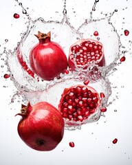 Sticker -  three pomegranates are splashing into a glass of water with a splash of water on it.