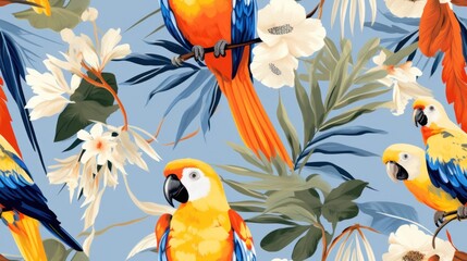 Canvas Print -  a group of parrots sitting on top of a tree branch next to white flowers and palm leaves on a blue sky background.