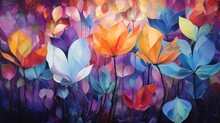  A Painting Of A Bunch Of Colorful Flowers On A Blue And Purple Background With A Red, Yellow, Green, Orange, And Blue Color Scheme.
