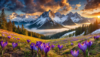 Fototapeta fioletowe krokusy na polanie w górach, krajobraz	
