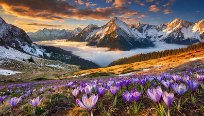 Fototapeta fioletowe krokusy na polanie w górach, krajobraz	
