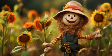Baby Scarecrow With Round Head And Big Eyes On Sunflower Field, A Whimsical Scarecrow In A Sunflower-filled Field,
