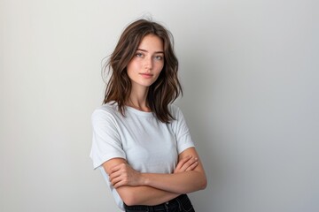 Wall Mural - Contemplative woman standing with arms crossed against white background