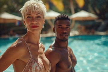 Gorgeous mature short haired blond woman posing with her muscle young black boyfriend at a resort swimming pool looking at the camera