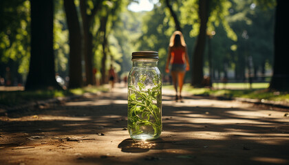 Sticker - A woman drinks fresh green juice in the outdoors generated by AI