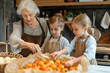 © Tisha - Grandmother with granddaughter and grandson preparing food at home