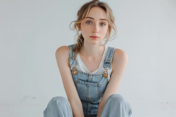 Wall Mural - Young woman wearing overalls sitting against white background