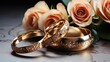  a couple of gold wedding rings sitting next to each other on top of a table next to a bouquet of roses.