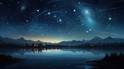 Canvas Print -  a painting of a night sky with stars and a lake in the foreground and a mountain range in the background.