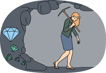 Wall Mural - Tired businesswoman quit struggle with diamonds digging feeling exhausted and overwhelmed with work. Concept of job fatigue and burnout.