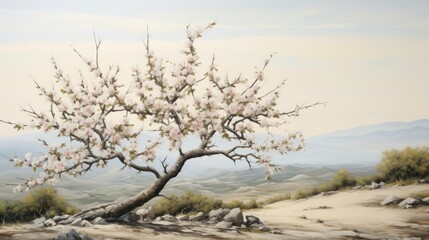 Poster -  a painting of a tree with white flowers in the foreground and a mountain range in the distance in the background.