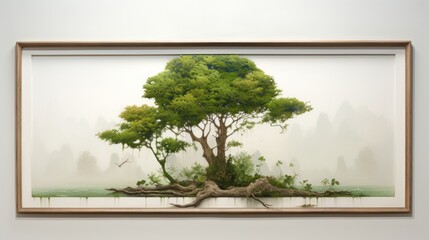 Poster -  a painting of a tree in the middle of a room with a white wall and a painting of a tree in the middle of the room.