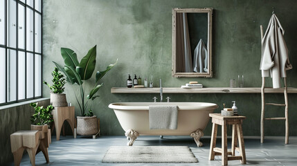 Sticker - White bathroom interior with bathtub on hardwood floor. Ai Generative