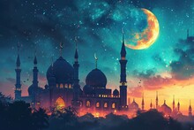 Mosque In The Night Sky With Full Moon. Ramadan Kareem Background