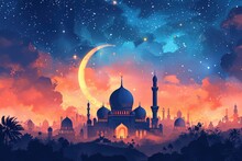 Ramadan Kareem Background With Mosque, Moon And Stars