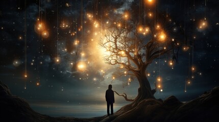 Sticker -  a man standing in front of a tree with lights hanging from it's branches and a sky filled with stars.