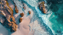 Top-down View Of A Rocky Shore With Waves.