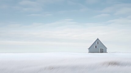 Poster -  a small house sitting in the middle of a field with a snow covered field in the foreground and a blue sky in the background.