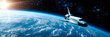 Space shuttle orbiting Earth. Human spaceflight and aerospace technology concept. Earth observation and exploration mission. Design for banner, poster, header with copy space