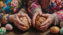Hands Of Two Women With Easter Buns And Easter Eggs. Paskalya Coregi