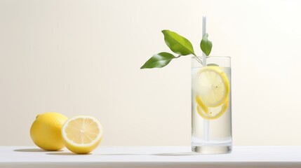 Poster -  a glass of water with lemons and a slice of lemon on a table next to a lemon and a green leaf.