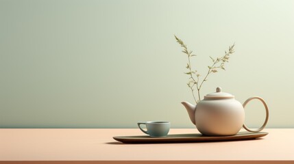 Poster -  a tea pot and a cup on a wooden tray with a plant in the middle of the tea pot on a wooden tray.