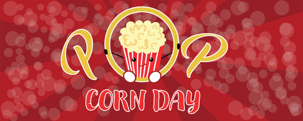 Drawn banner for Popcorn Day with cute bucket on red background