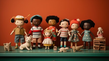 Poster -  a group of dolls standing next to each other on top of a green table with a red wall in the background.