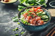 Salmon poke bowl with seaweed, avocado and cucumber. Generative AI