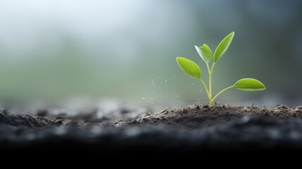 Poster -  a small green plant sprouts from the ground in the middle of a dirt area with a blurry background.