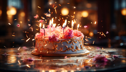 Sticker - Birthday cake with candles glowing, surrounded by colorful decorations generated by AI