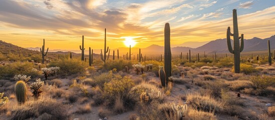 Beautiful cacti scattered all over the plateau with mountains in the background on a sunset view